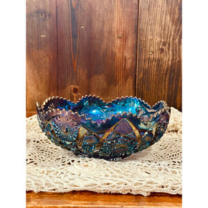 Vintage Imperial Glass Hobstars & Arches Blue Amethyst Carnival Glass Bowl 9.5”